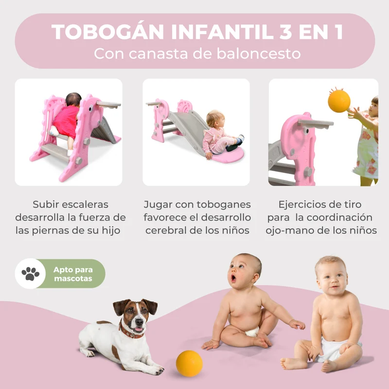 Kinderrutsche | Faltbar | Korb und Ball | Runde Kanten | Rutschfeste Stufen | Max. 35 kg | Rosa | Mobiclinic