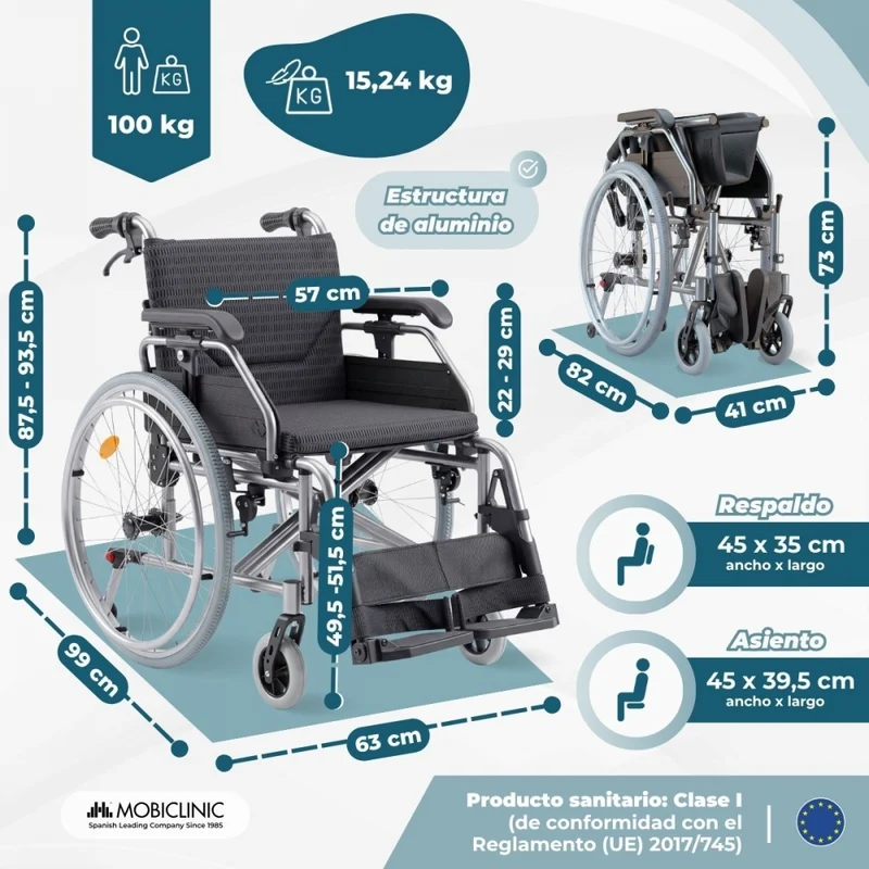 Rollstuhl | Verstellbarer Rahmen | Schnellverschluss | Kippsicherung | Luftreifen | Aluminium | Trevi | Mobiclinic