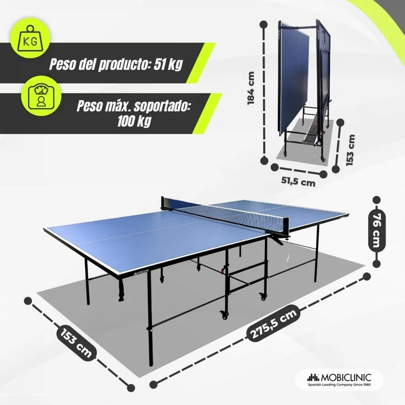 Tischtennisplatte | Faltbar und tragbar | Professionelles Design | 360º-Räder | Netz, Schläger und Bälle | Tokyo | Blau | Mobiclinic