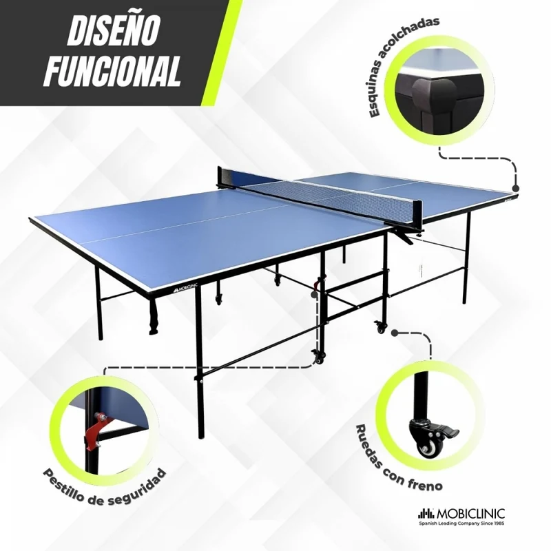 Tischtennisplatte | Faltbar und tragbar | Professionelles Design | 360º-Räder | Netz, Schläger und Bälle | Tokyo | Blau | Mobiclinic