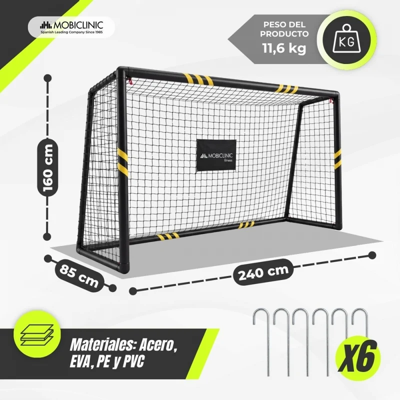 Fußballtor | 240 x 160 x 85 cm | Netz mit Spannseil | Gepolsterter Schutz | Stahl | Benji | Mobiclinic