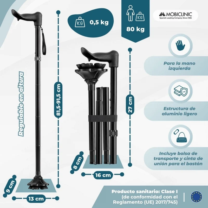 Faltbarer Gehstock | Linkshänder | Höhenverstellbar | Ergonomischer Griff | Rutschfeste Spitze | FlexGo | Mobiclinic