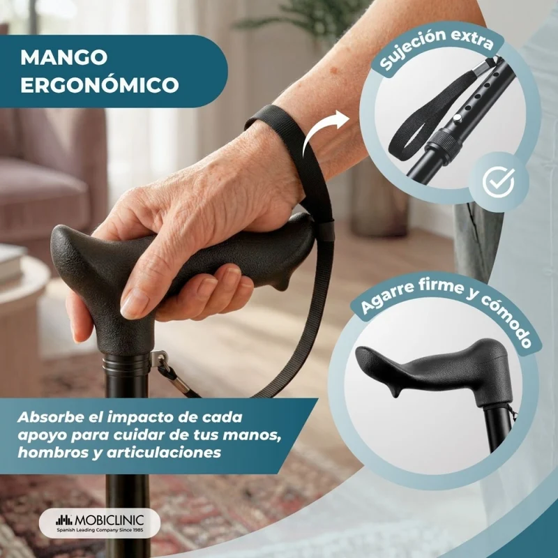 Faltbarer Gehstock | Linkshänder | Höhenverstellbar | Ergonomischer Griff | Rutschfeste Spitze | FlexGo | Mobiclinic