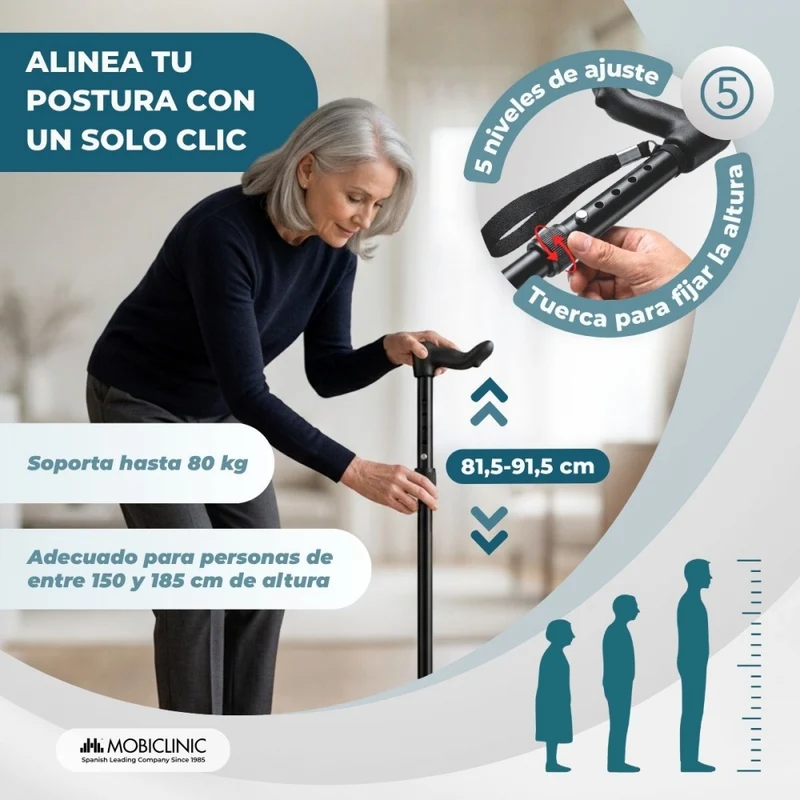 Faltbarer Gehstock | Rechtshänder | Höhenverstellbar | Ergonomischer Griff | Rutschfeste Spitze | FlexGo | Mobiclinic