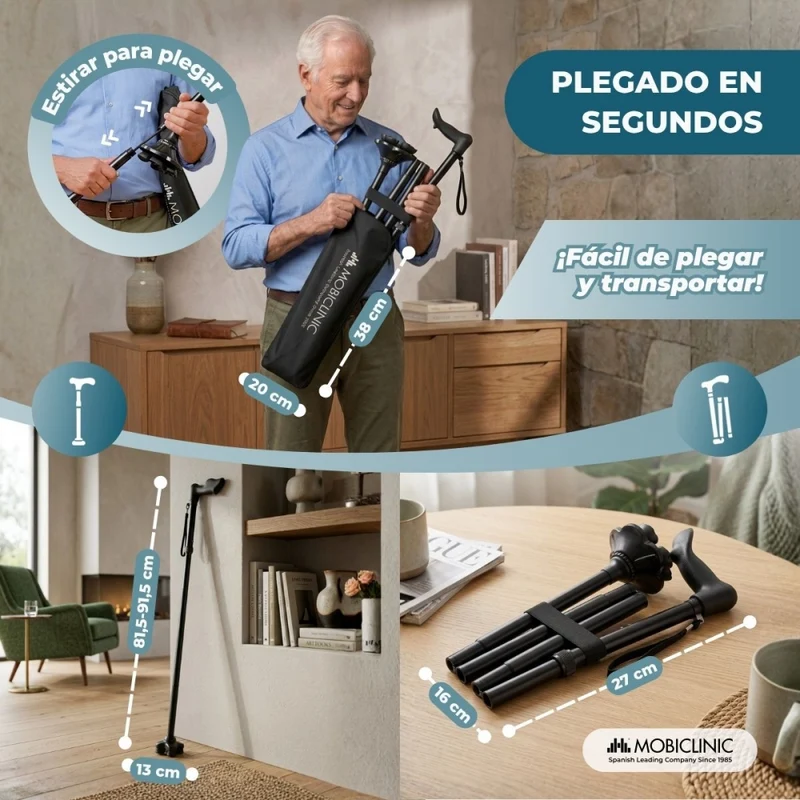 Faltbarer Gehstock | Rechtshänder | Höhenverstellbar | Ergonomischer Griff | Rutschfeste Spitze | FlexGo | Mobiclinic