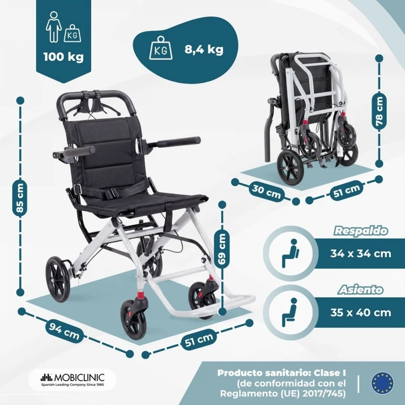 Transportrollstuhl | Faltbar | Klappbare Arm- und Fußstützen | Leichtgewicht | Gurt | Stahl | Venus | Mobiclinic