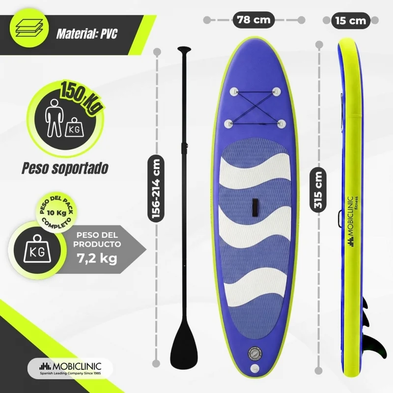 Aufblasbares Paddleboard | 315x78x15cm | Max. 150kg | Verstellbares Paddel | Rucksack und Pumpe | Stitch | Mobiclinic