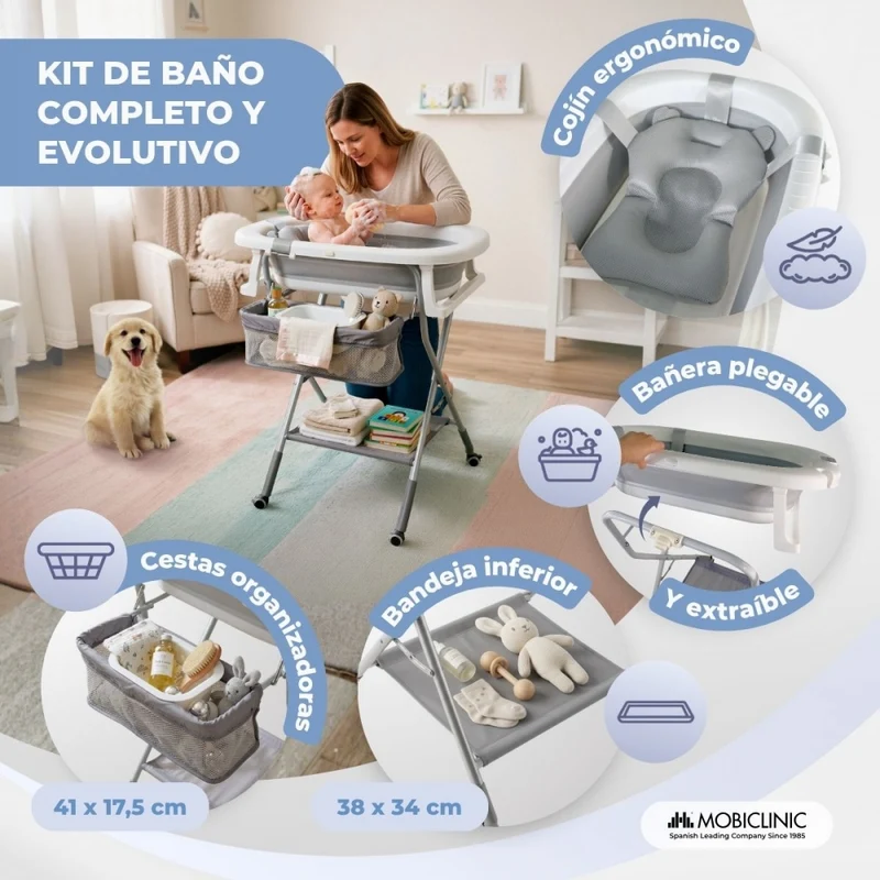 Babybadewanne | Höhenverstellbar | Zusammenklappbar | Räder mit 360º-Bremse | Kissen | Stauraum | Bubba Max | Mobiclinic