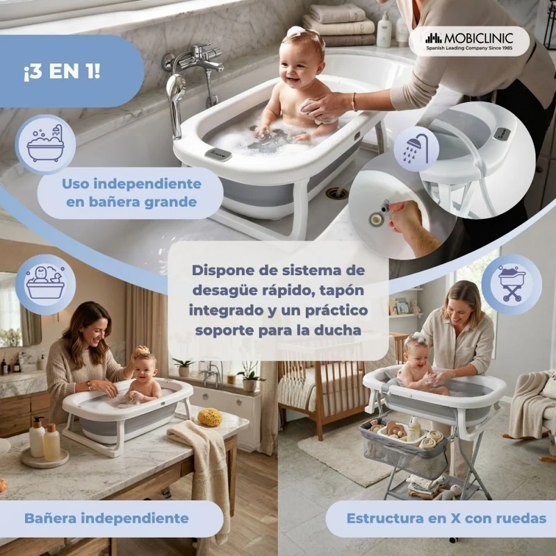Babybadewanne | Höhenverstellbar | Zusammenklappbar | Räder mit 360º-Bremse | Kissen | Stauraum | Bubba Max | Mobiclinic