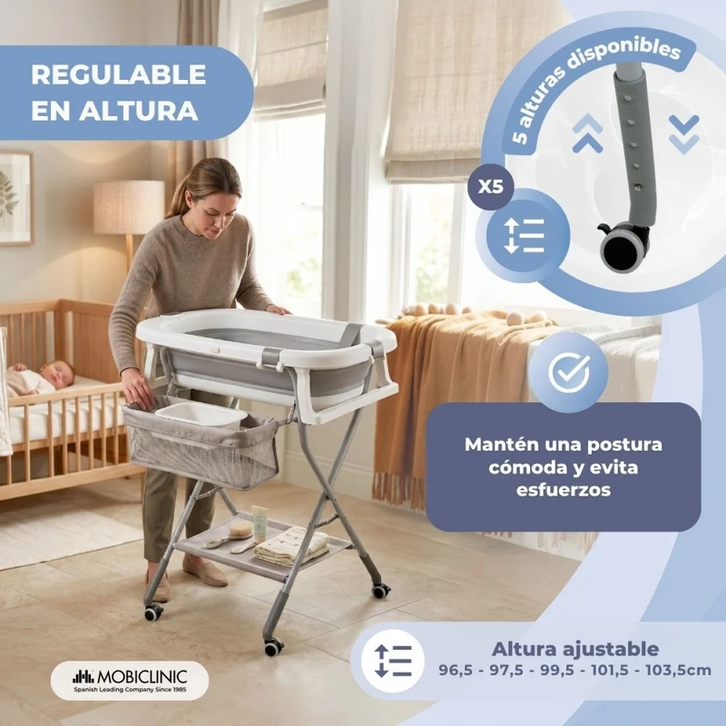 Babybadewanne | Höhenverstellbar | Zusammenklappbar | Räder mit 360º-Bremse | Kissen | Stauraum | Bubba Max | Mobiclinic