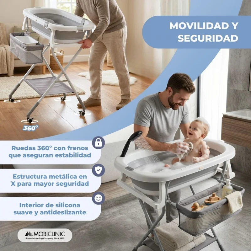 Babybadewanne | Höhenverstellbar | Zusammenklappbar | Räder mit 360º-Bremse | Kissen | Stauraum | Bubba Max | Mobiclinic