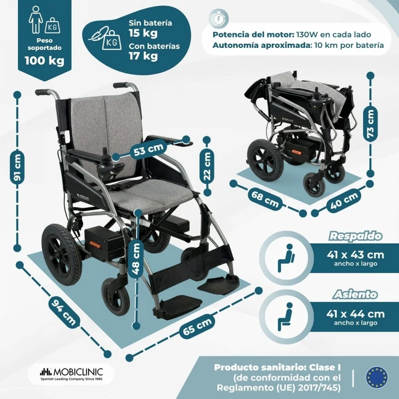 Elektrischer Rollstuhl | Faltbar | 2 Fahrmodi | Intelligente Bremse | 20 km Reichweite | 130 W | Dona | Mobiclinic