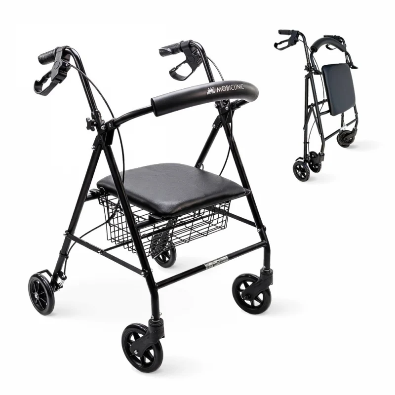 Rollator | Faltbar | Aluminium | Bremsen an den Griffen | Sitz und Rückenlehne | 4 Räder | Mattschwarz | Escorial | Mobiclinic