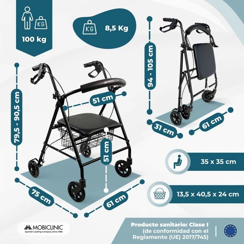 Rollator | Faltbar | Aluminium | Bremsen an den Griffen | Sitz und Rückenlehne | 4 Räder | Mattschwarz | Escorial | Mobiclinic