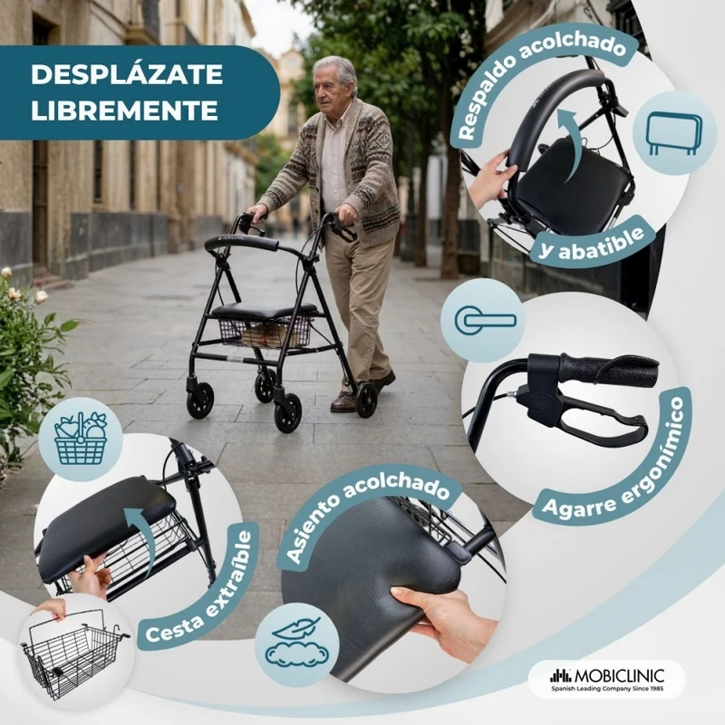 Rollator | Faltbar | Aluminium | Bremsen an den Griffen | Sitz und Rückenlehne | 4 Räder | Mattschwarz | Escorial | Mobiclinic