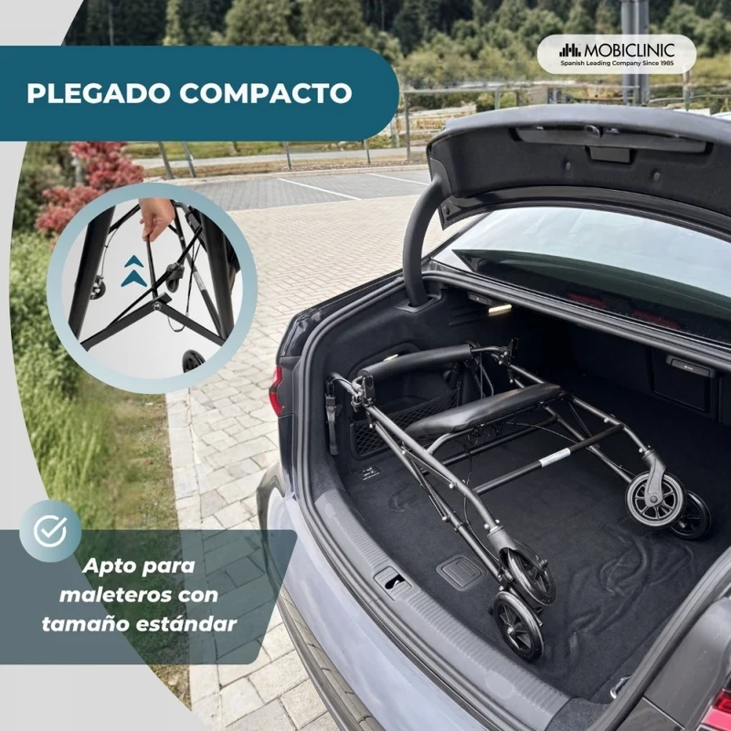 Rollator | Faltbar | Aluminium | Bremsen an den Griffen | Sitz und Rückenlehne | 4 Räder | Mattschwarz | Escorial | Mobiclinic