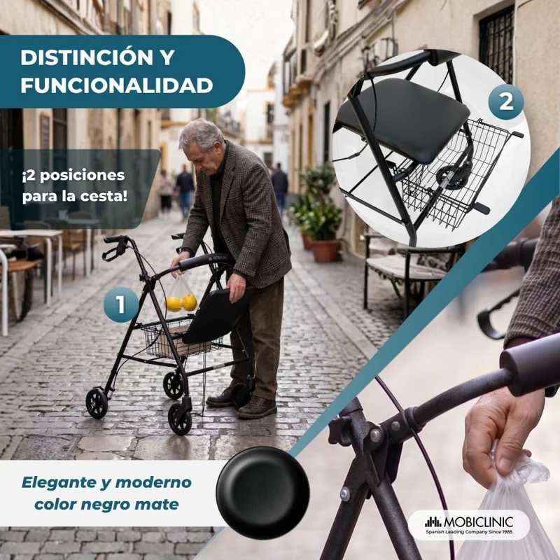 Rollator | Faltbar | Aluminium | Bremsen an den Griffen | Sitz und Rückenlehne | 4 Räder | Mattschwarz | Escorial | Mobiclinic