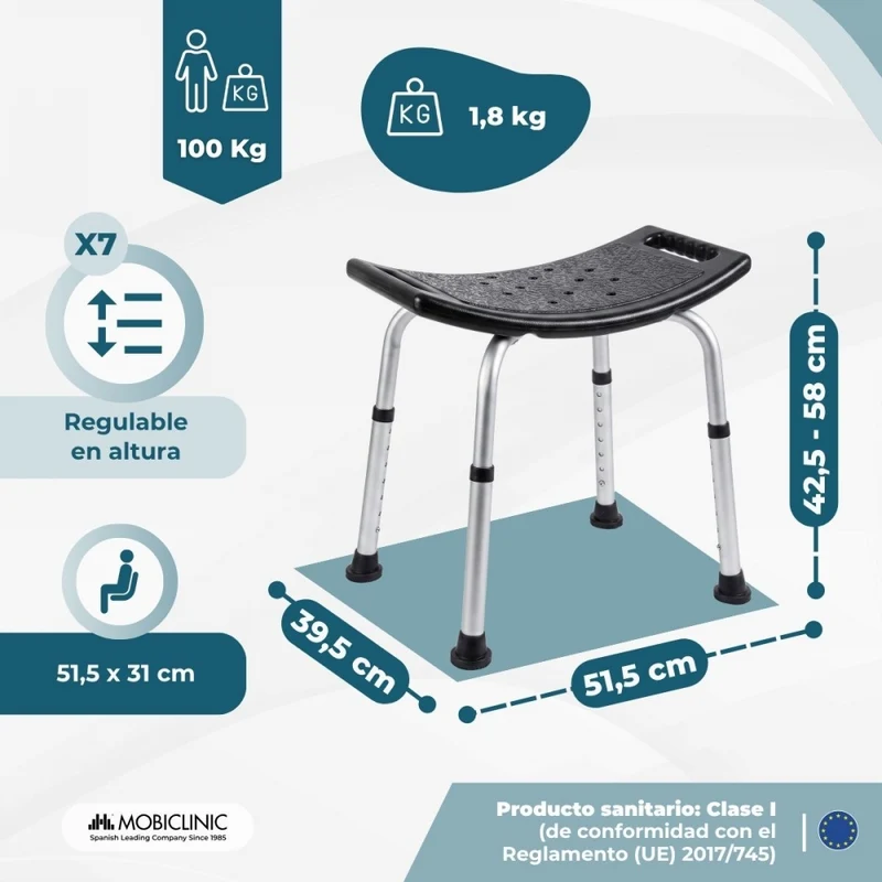 Duschhocker | Höhenverstellbar | Rutschfeste Füße | Leicht | Aluminium | Schwarz | San Fermín | Mobiclinic