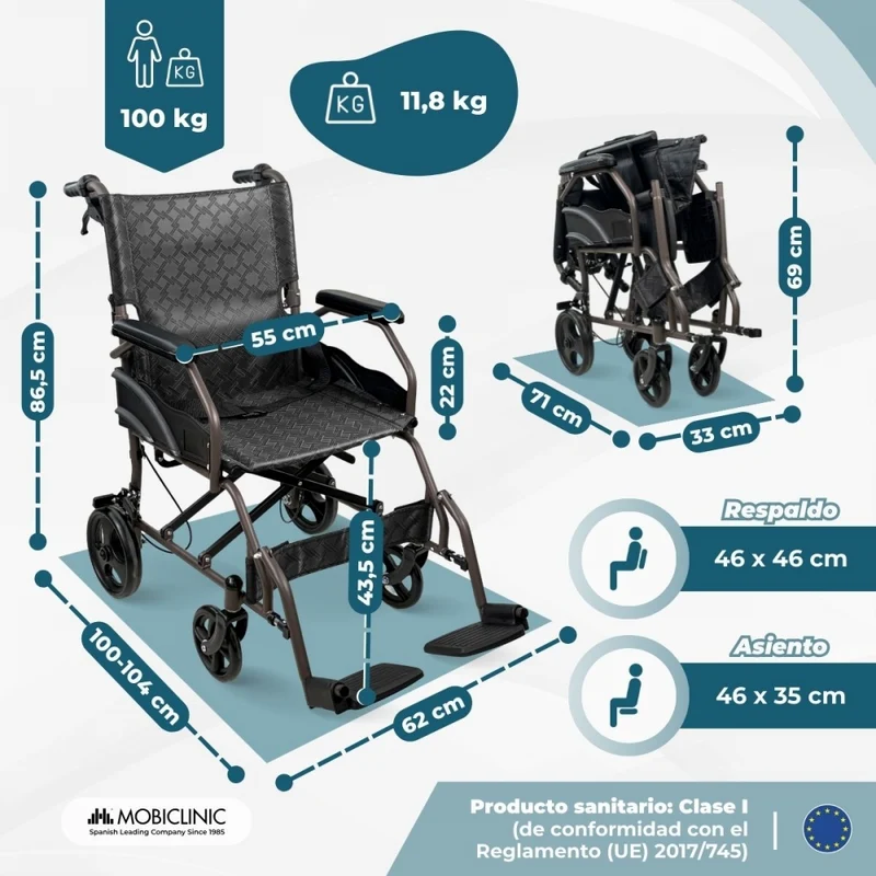 Faltbarer Rollstuhl | Klappbare Rückenlehne und Fußstützen | Leichtgewicht | Bis zu 100 kg | Doppelbremsen | Kefren | Mobiclinic