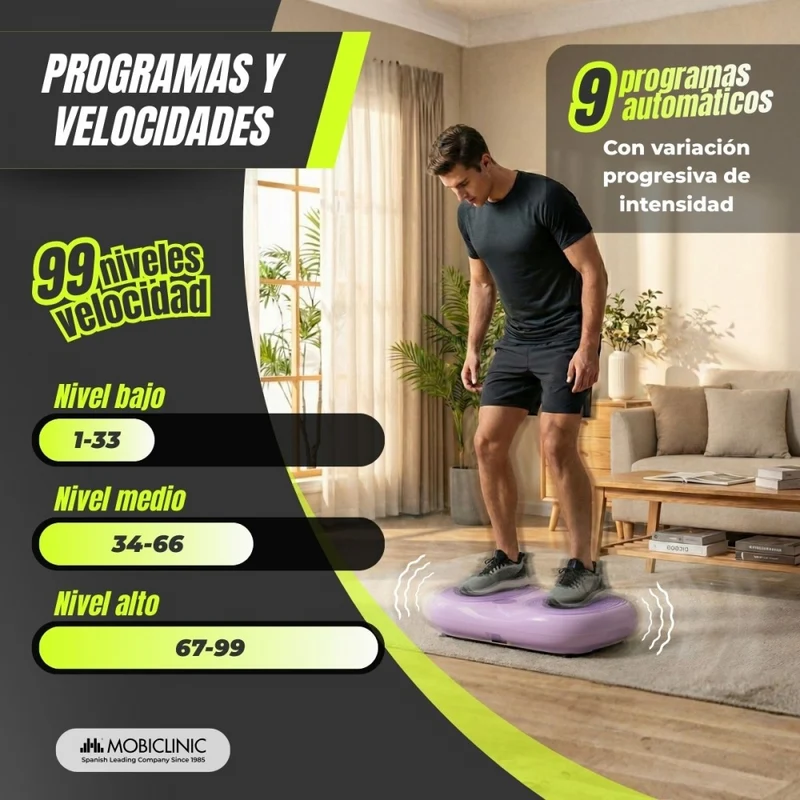 Vibrationsplattform | 99 Geschwindigkeiten| 9 Programme | Elastische Bänder | Bildschirm und Fernbedienung | Karol | Mobiclinic