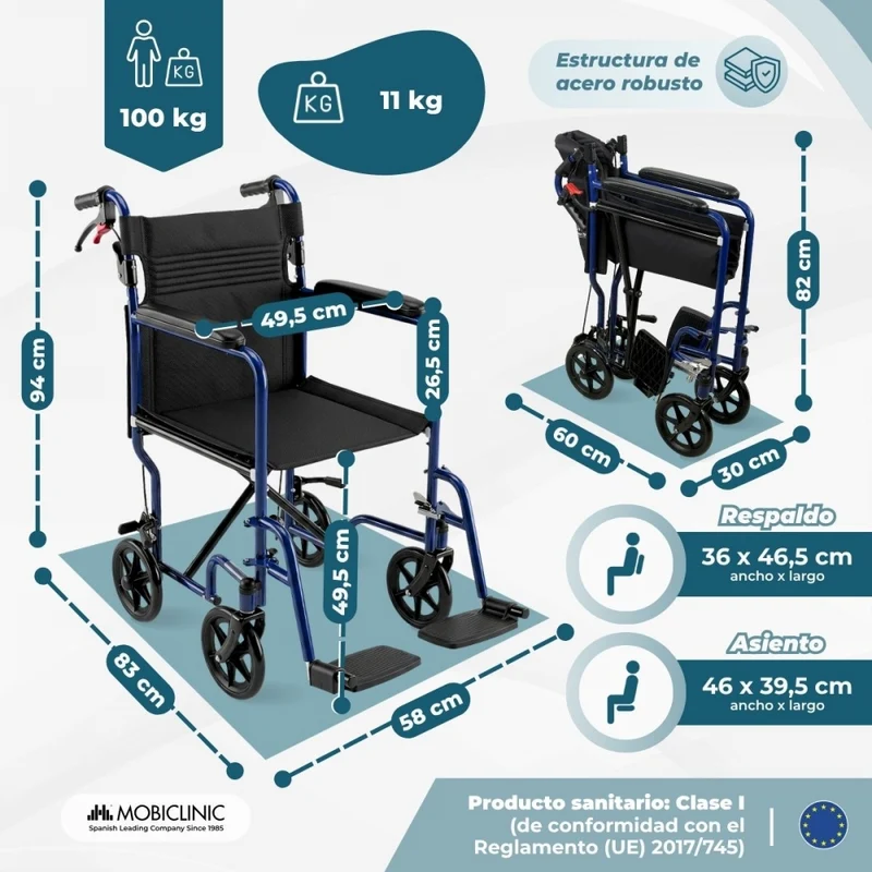 Transportstuhl | Klappbar | Abnehmbare Fußstütze | Bremse an Griffen und Rädern | Stahl | Napoli | Mobiclinic