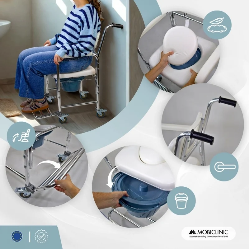 WC-Sitz mit Toilettenstuhl | 4,3-L Toilettenstuhl | Fußstütze und Armlehnen | Räder mit Bremsen | Rope | Mobiclinic