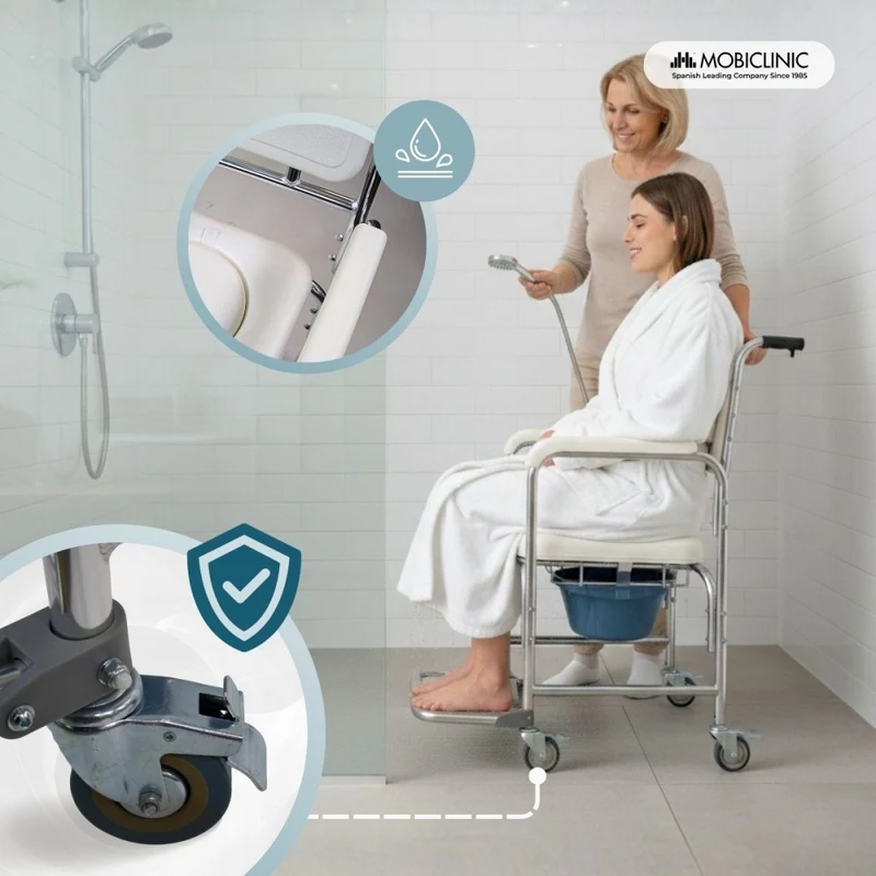 WC-Sitz mit Toilettenstuhl | 4,3-L Toilettenstuhl | Fußstütze und Armlehnen | Räder mit Bremsen | Rope | Mobiclinic