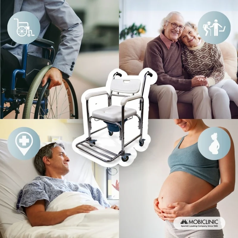 WC-Sitz mit Toilettenstuhl | 4,3-L Toilettenstuhl | Fußstütze und Armlehnen | Räder mit Bremsen | Rope | Mobiclinic