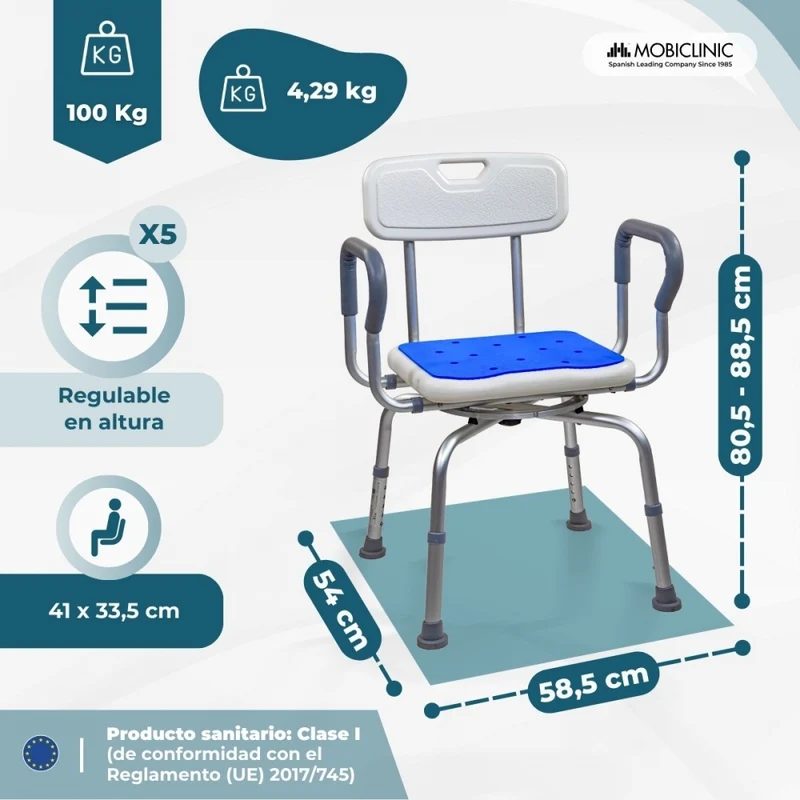 Drehbarer Badezimmerhocker | 360º Sitz | Höhenverstellbar | Armlehnen | EVA-Polsterung | Akila | Mobiclinic