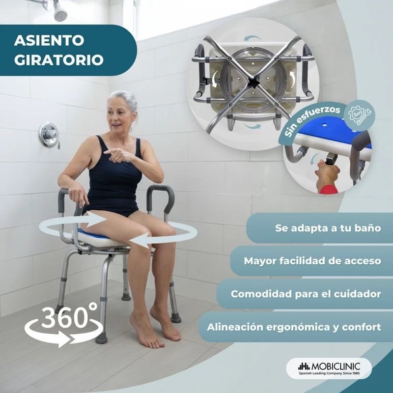 Drehbarer Badezimmerhocker | 360º Sitz | Höhenverstellbar | Armlehnen | EVA-Polsterung | Akila | Mobiclinic