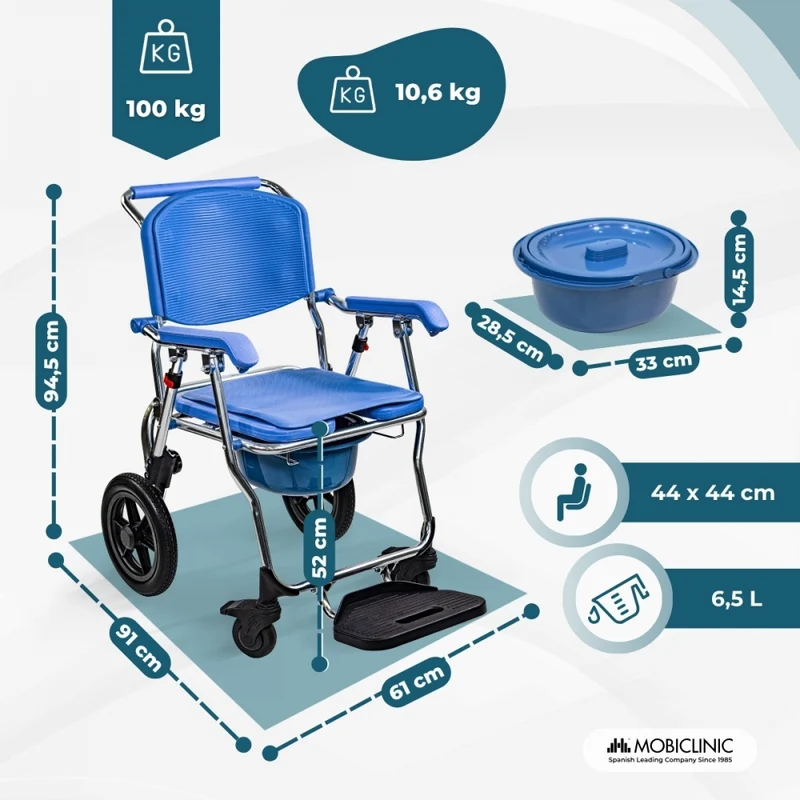 Rollstuhl mit Toilettenfunktion | 3 in 1 | Faltbar und leicht | 6,5-Liter-Eimer | Räder mit Bremsen | Babor | Mobiclinic