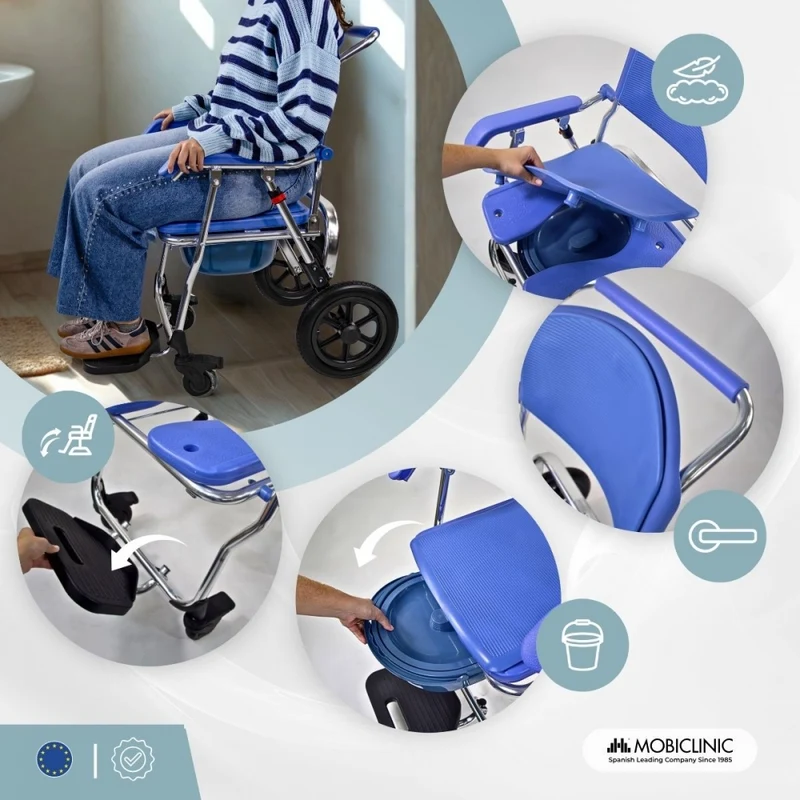Rollstuhl mit Toilettenfunktion | 3 in 1 | Faltbar und leicht | 6,5-Liter-Eimer | Räder mit Bremsen | Babor | Mobiclinic