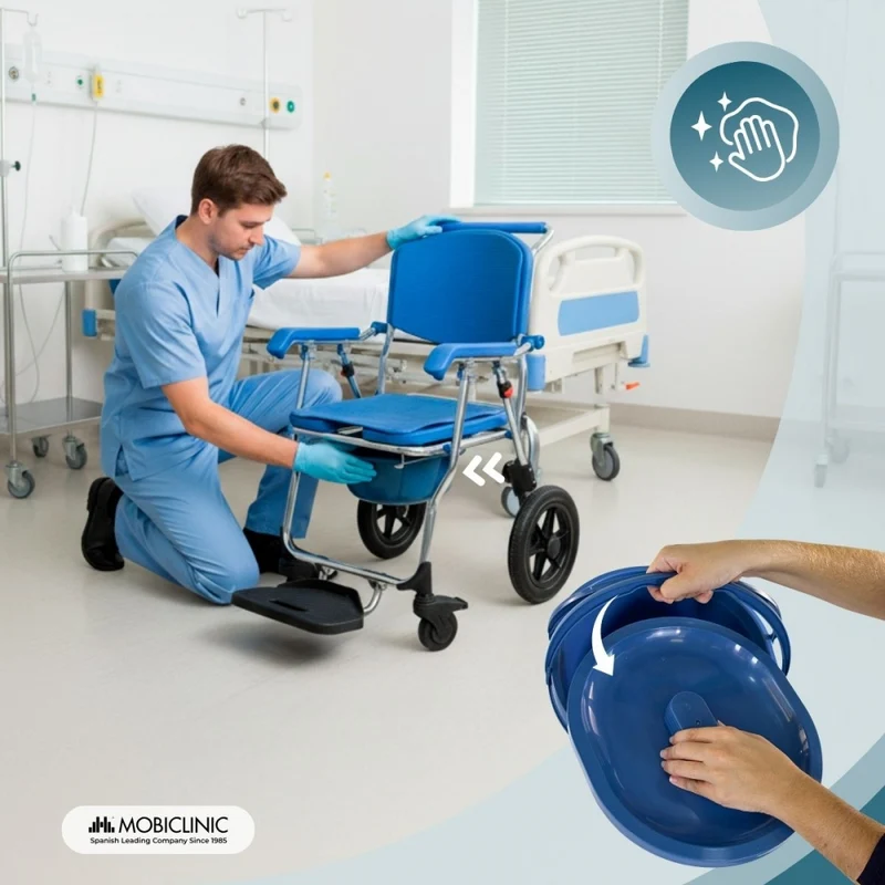 Rollstuhl mit Toilettenfunktion | 3 in 1 | Faltbar und leicht | 6,5-Liter-Eimer | Räder mit Bremsen | Babor | Mobiclinic