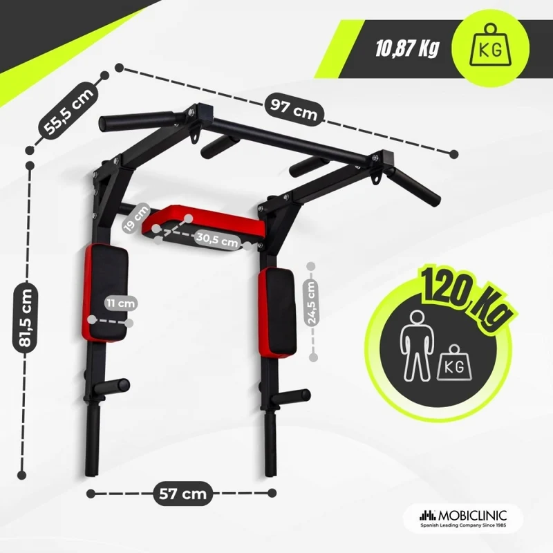 Klimmzugstange zur Wandmontage | 2-in-1 Wendbar | Gepolstertes Kissen und Stützen | Rutschfester Griff | Q2 | Mobiclinic