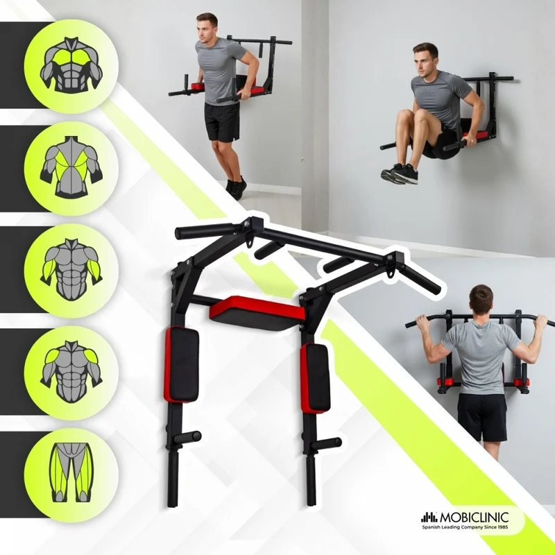 Klimmzugstange zur Wandmontage | 2-in-1 Wendbar | Gepolstertes Kissen und Stützen | Rutschfester Griff | Q2 | Mobiclinic