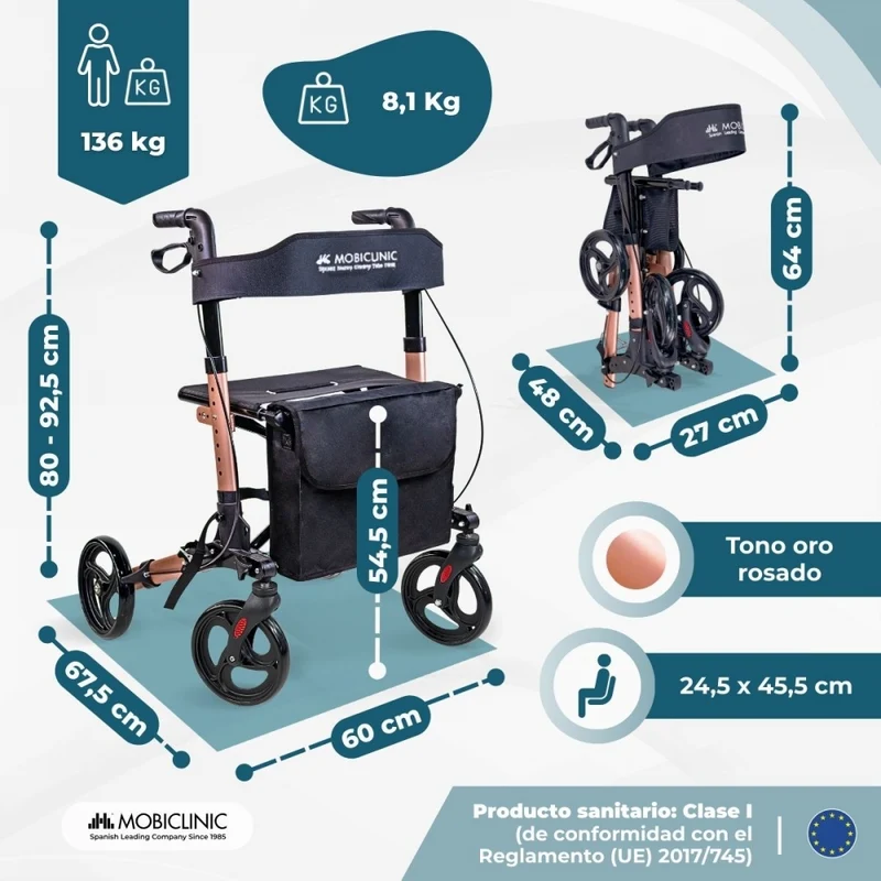 Faltbarer Rollator | Aluminium | Bis 136 kg | Handbremsen | Sitz und Rückenlehne | Roségold | Trajano | Deluxe | Mobiclinic