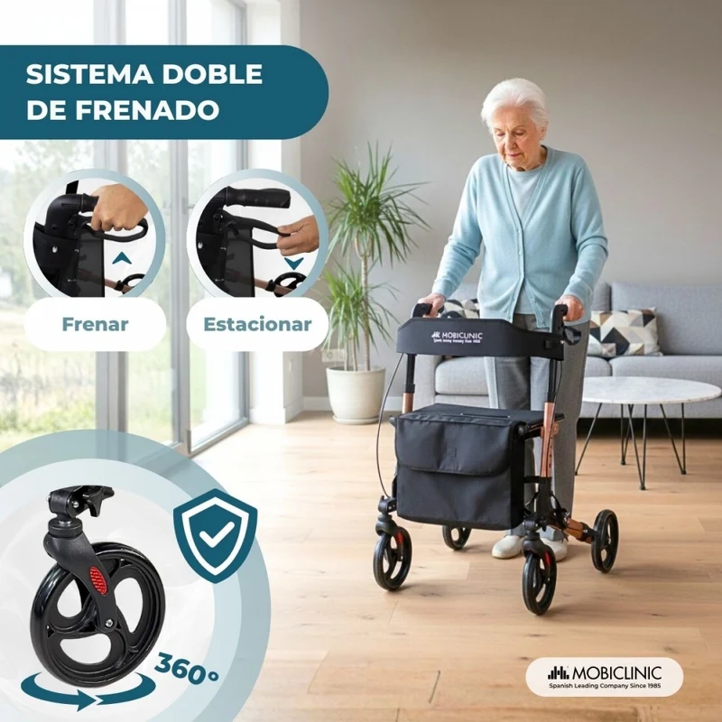 Faltbarer Rollator | Aluminium | Bis 136 kg | Handbremsen | Sitz und Rückenlehne | Roségold | Trajano | Deluxe | Mobiclinic