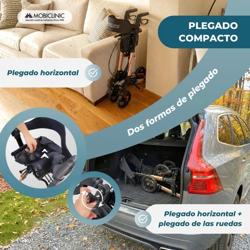 Faltbarer Rollator | Aluminium | Bis 136 kg | Handbremsen | Sitz und Rückenlehne | Roségold | Trajano | Deluxe | Mobiclinic