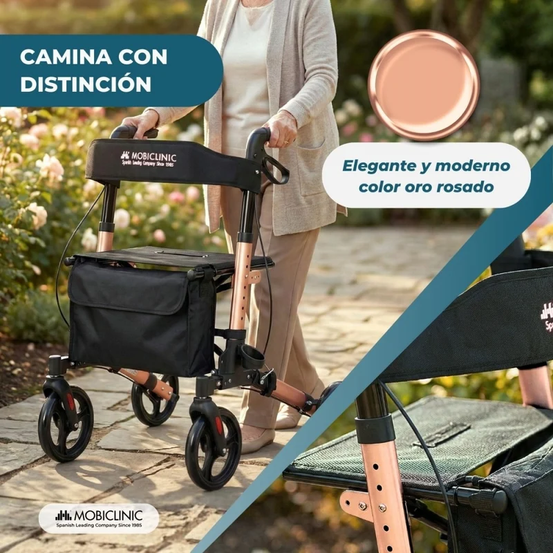 Faltbarer Rollator | Aluminium | Bis 136 kg | Handbremsen | Sitz und Rückenlehne | Roségold | Trajano | Deluxe | Mobiclinic