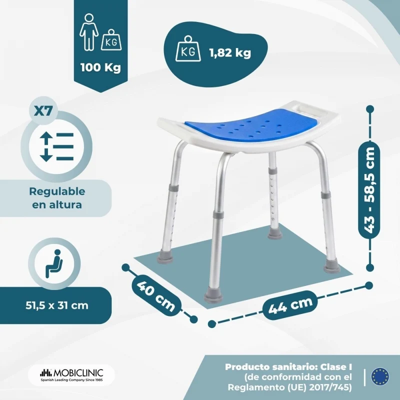 Badhocker | EVA-Sitzpolsterung | Höhenverstellbar | Rutschfeste Füße | Aluminium | Santana | Mobiclinic