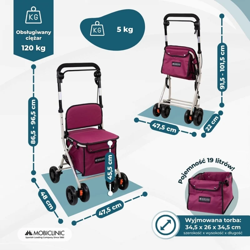 Einkaufswagen Gehwagen | 4 Räder | Bis 120 kg | Faltbar | Mit Tasche | Bremssystem | Fuchsia| Coliseum | Mobiclinic