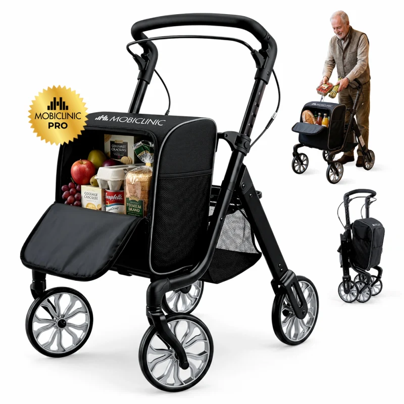 Klappbarer Gehwagen | Einkaufswagen | Bremssystem | Höhenverstellbar | Einhebel | XXL-Tasche | Formen | Mobiclinic
