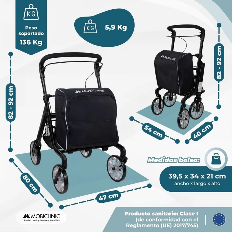 Klappbarer Gehwagen | Einkaufswagen | Bremssystem | Höhenverstellbar | Einhebel | XXL-Tasche | Formen | Mobiclinic