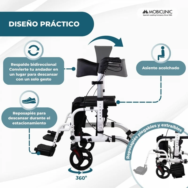 Rollator mit Fuß- und Rückenlehne | Faltbar | Aluminium | Bremsen | 360º Räder | Tasche | Stockhalterung | Ibiza | Mobiclinic