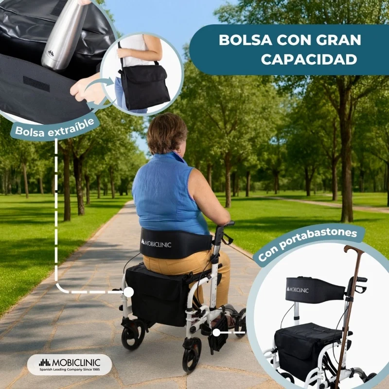 Rollator mit Fuß- und Rückenlehne | Faltbar | Aluminium | Bremsen | 360º Räder | Tasche | Stockhalterung | Ibiza | Mobiclinic
