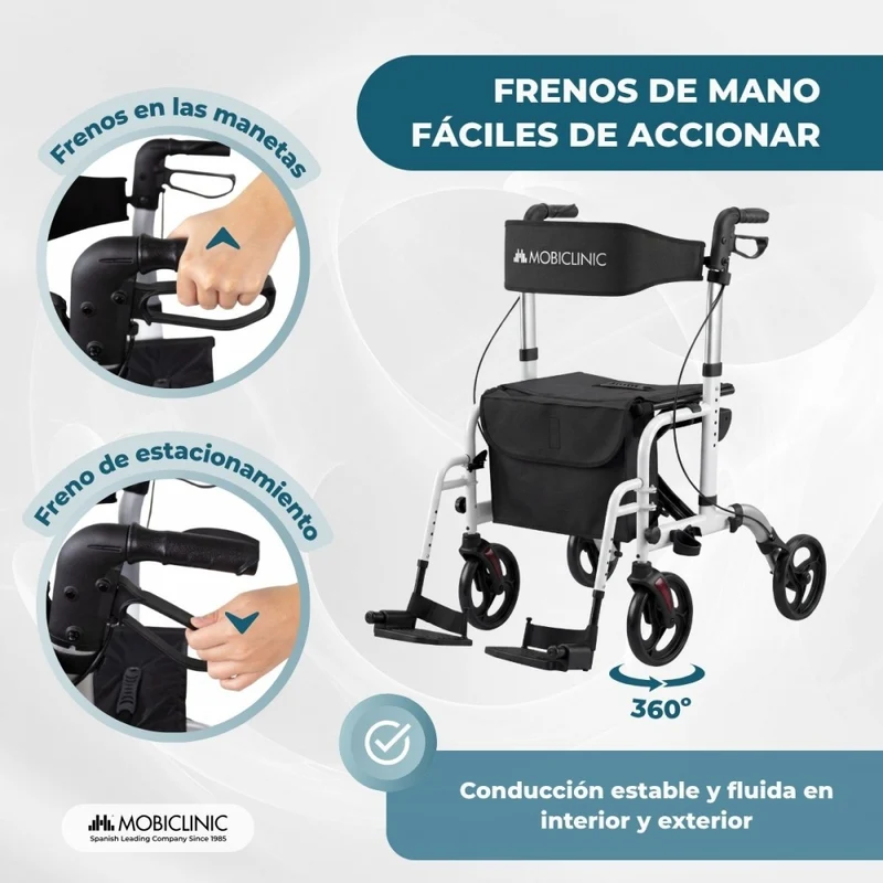 Rollator mit Fuß- und Rückenlehne | Faltbar | Aluminium | Bremsen | 360º Räder | Tasche | Stockhalterung | Ibiza | Mobiclinic