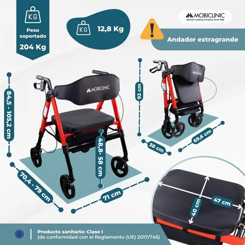 Bariatrischer Gehwagen | Faltbar | Bis zu 204 kg | Verstärktes Aluminium | Bremsen | 360º-Räder | Korb | Madeira | Mobiclinic