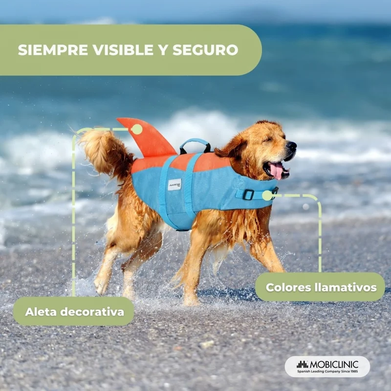 Hundeschwimmweste | Verstellbares Geschirr | Ringleine | Griff | Leichtgewicht | Flosse | Sharky | L | Mobiclinic