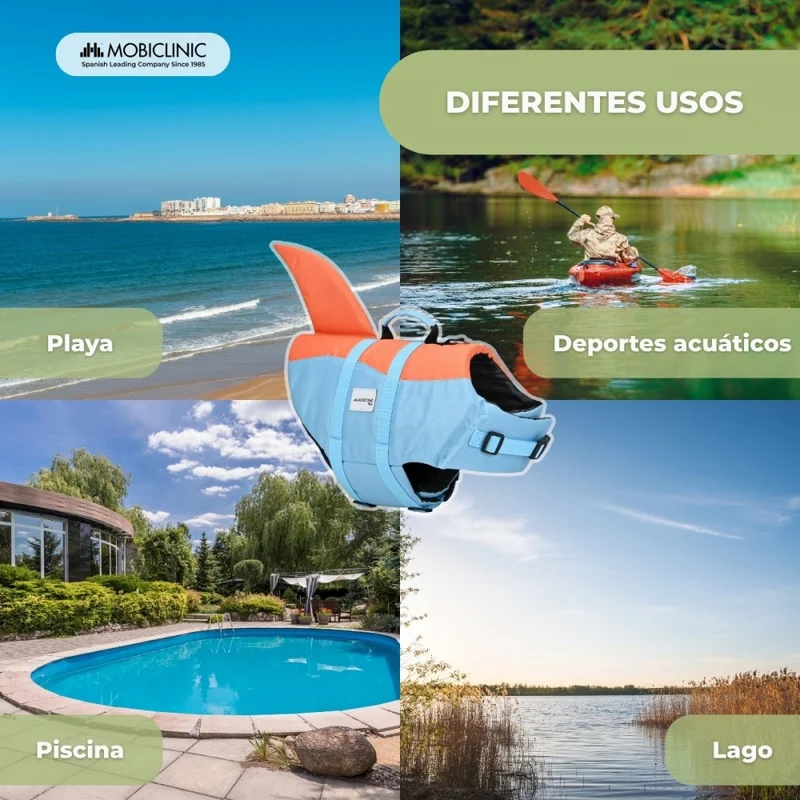 Hundeschwimmweste | Verstellbares Geschirr | Ringleine | Griff | Leichtgewicht | Flosse | Sharky | L | Mobiclinic