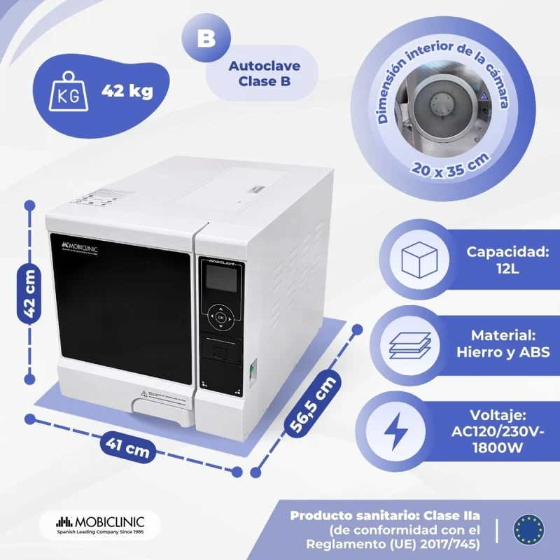 Autoklav der Klasse B, 12L | 99 % Desinfektion | Display | Drucker und USB | Programmierbare Zyklen | Mobiclave | Mobiclinic